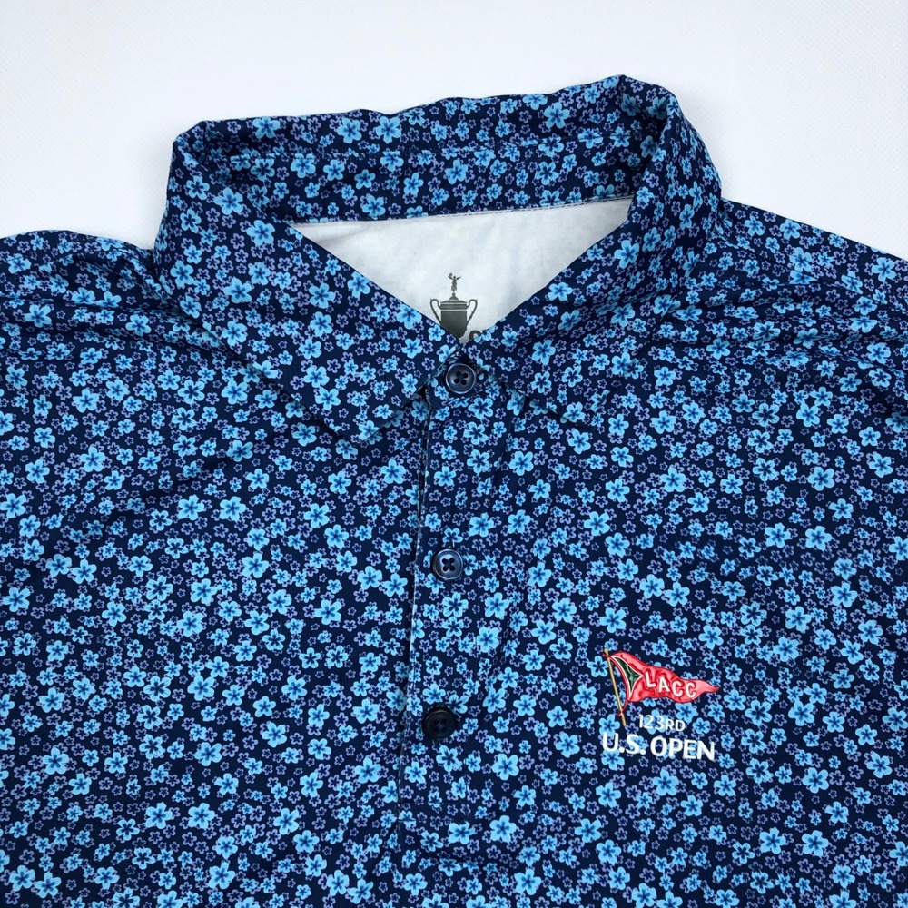 US Open LACC 123rd Golf Polo Shirt Mens XL Blue Floral Performance Short Sleeve - Picture 2 of 9